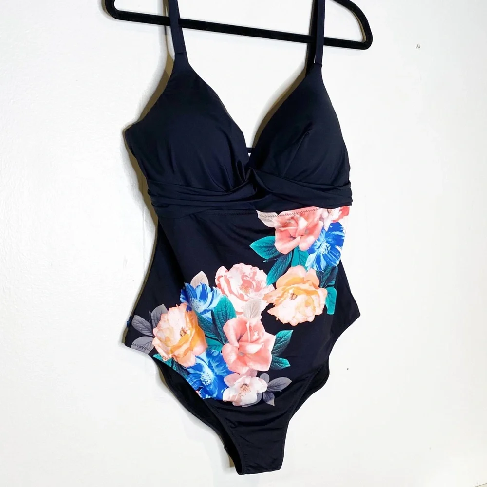 Leilani | NWT Black Floral Gemini Push-Up‎ Underwire One Piece Swimsuit Sz. 14